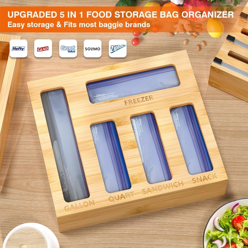 Bamboo Ziplock Storage Organizer for Kitchen Drawer Support customized color, size, style