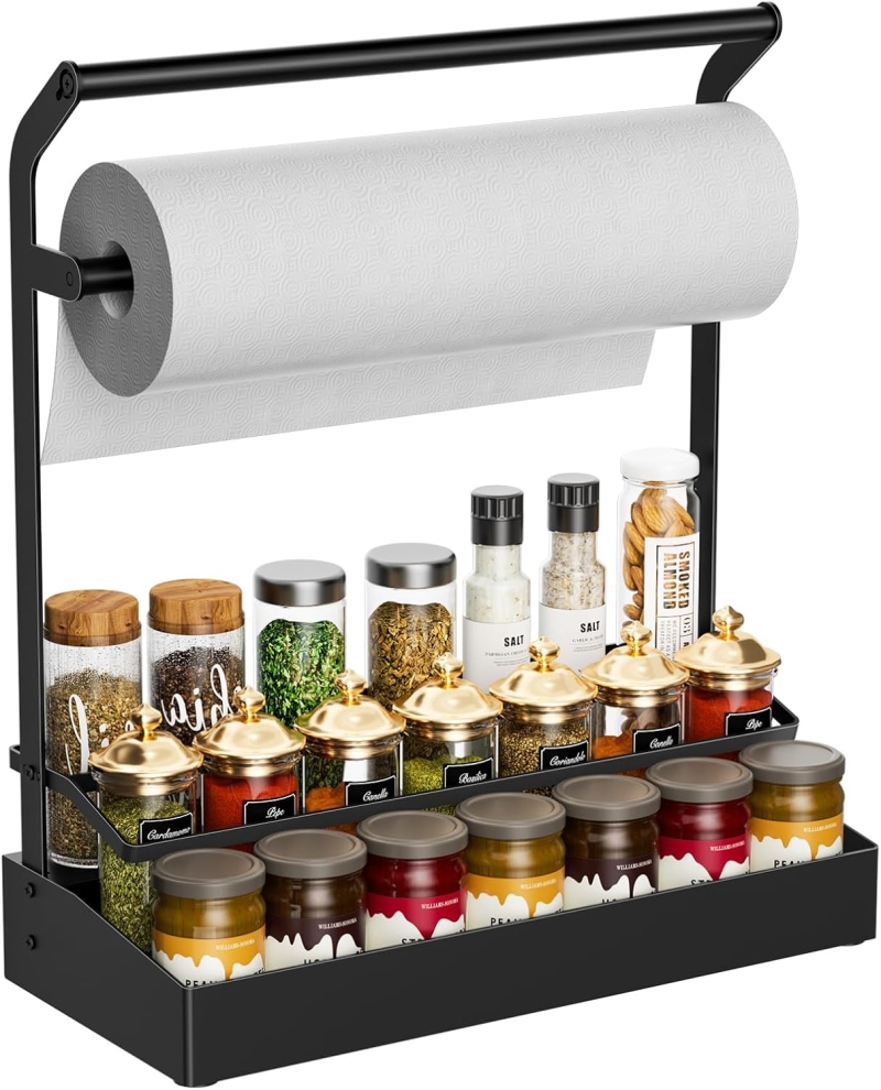 Spice Rack Organizer for Cabinet Countertop, Kitchen Seasoning Organizer with Paper Towel Holder(Black)_